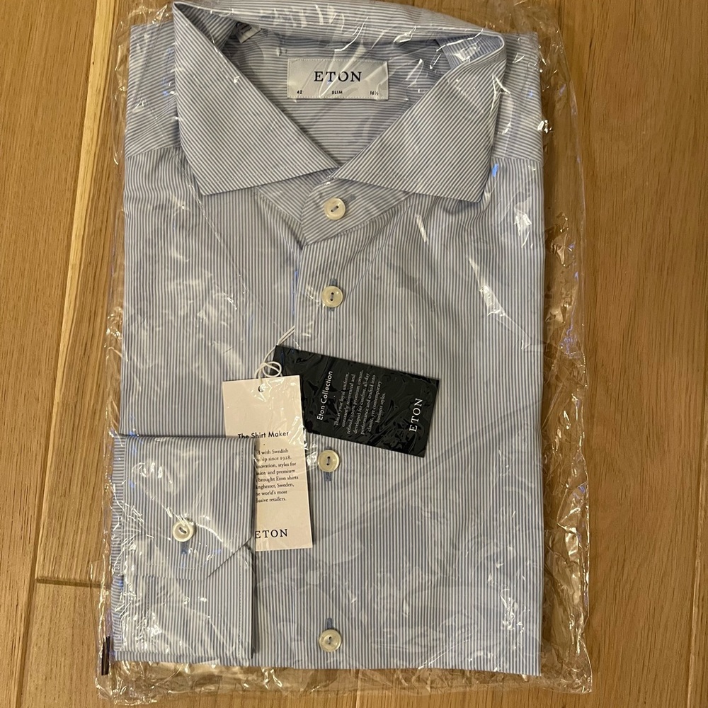 NWT Eton Men’s Blue and White Striped Dress Shirt, Size 42 / 16.5 Slim